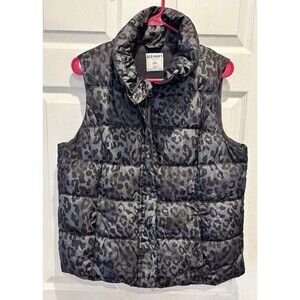 Old Navy Fleece Lined Puffer Vest Gray Leopard Print Women’s Size Large